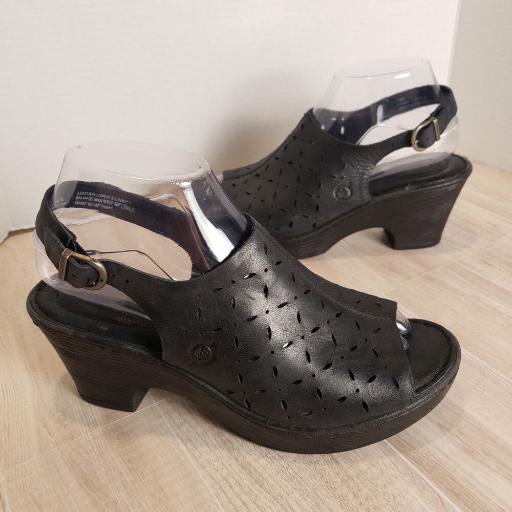 Born Black Leather Slingback Sandals Peep Toe Chunky Heel Women’s Size 7.5 - Picture 4 of 9